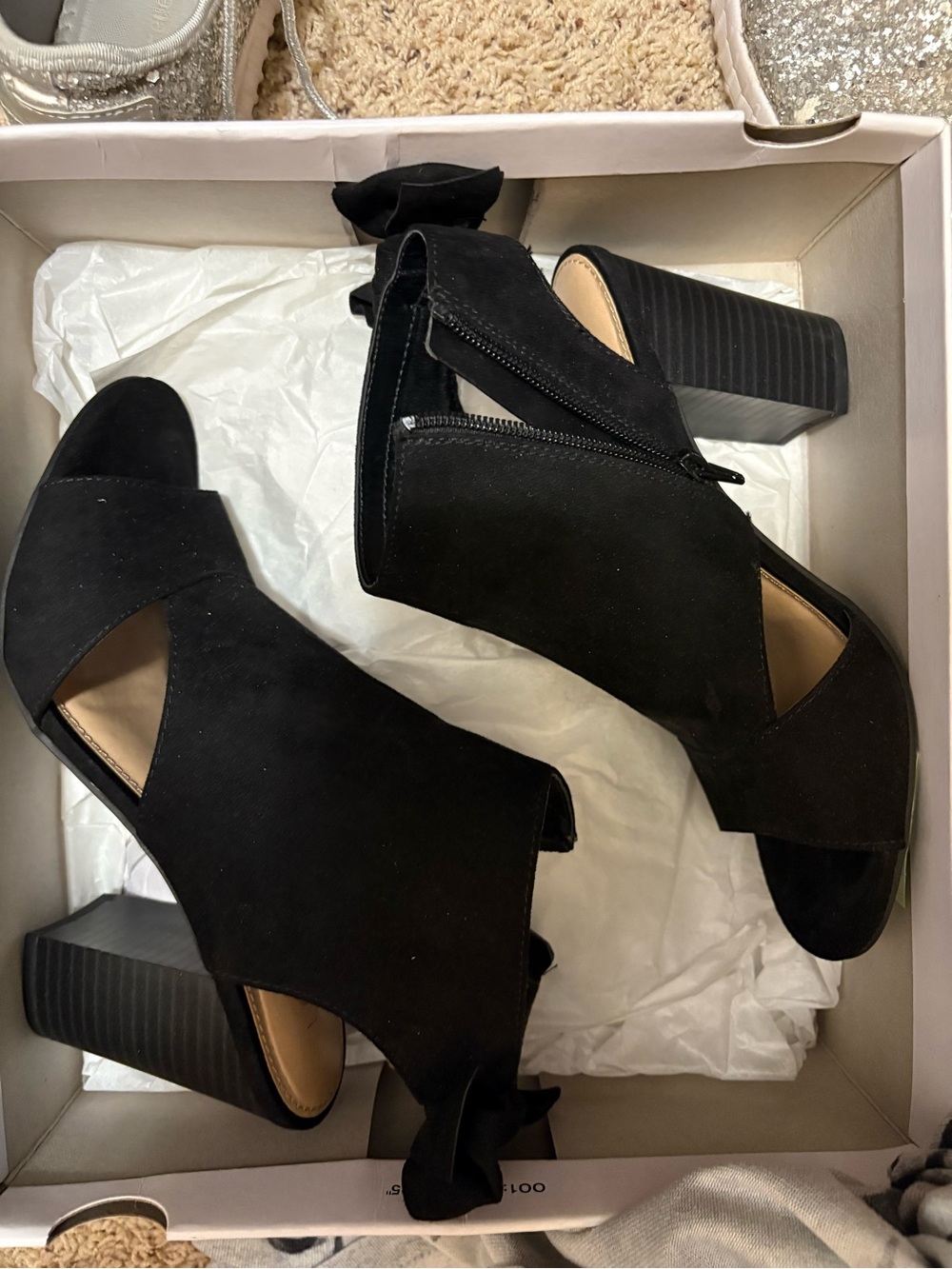 Black Suede Peep-Toe Block Heels, Like New